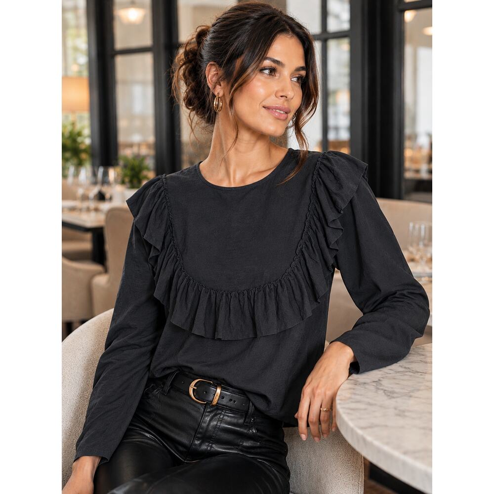 TOIT VOLANT Black Ruffle Front Long Sleeve Blouse Size Large